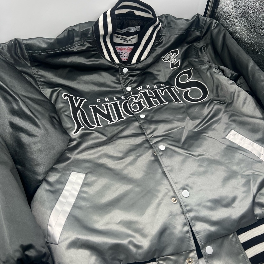 Gray satin puff varsity jacket